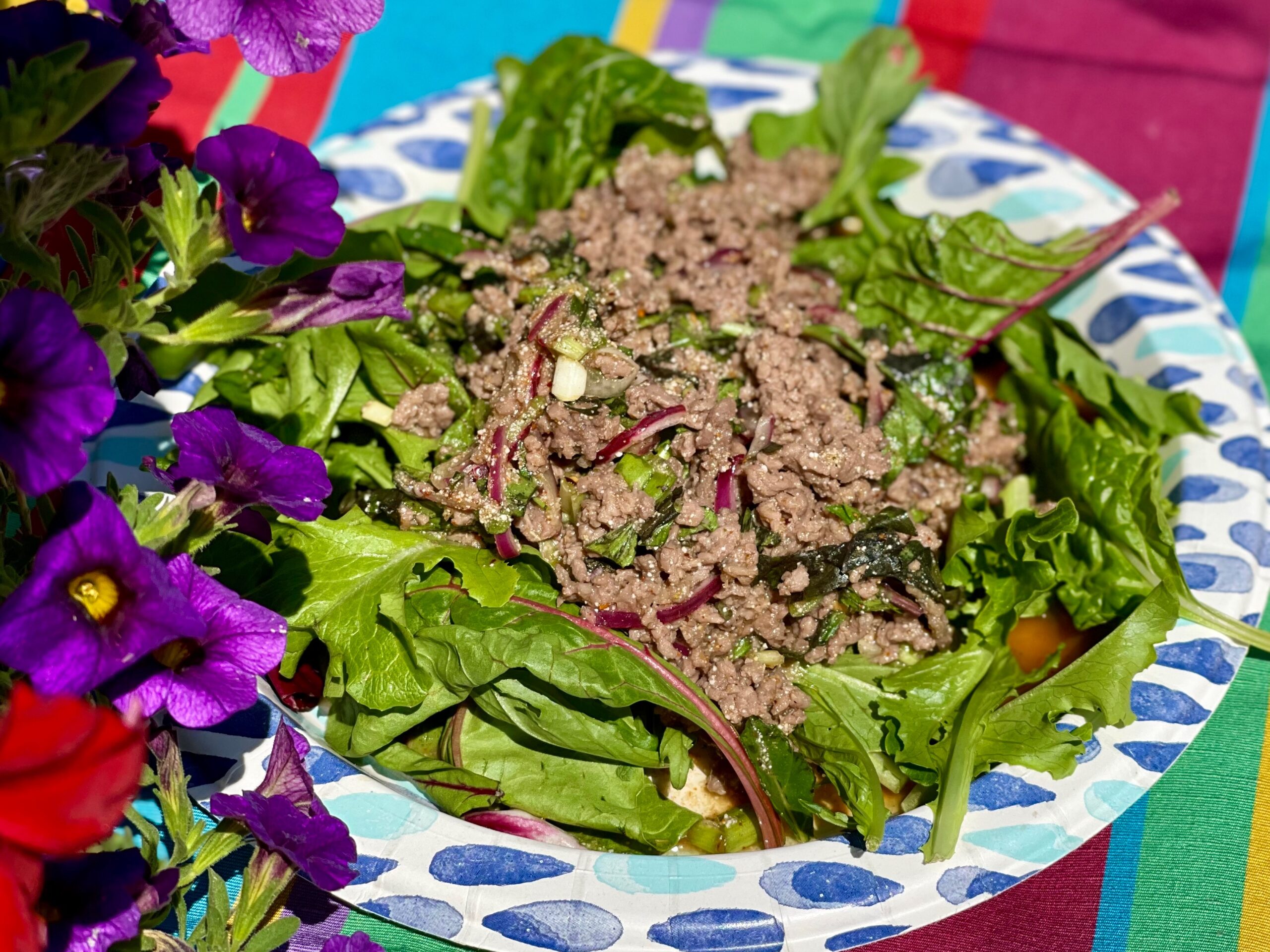 Larb, Thai minced meat salad served on fresh greens
